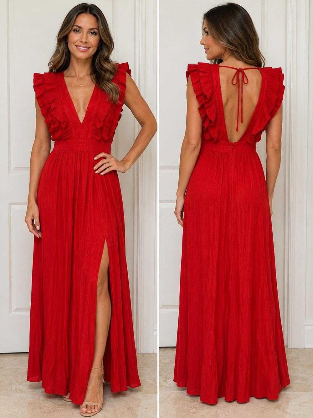 SBETRO Red Ruffle Maxi Dress Open Back Tie Front Slit Small